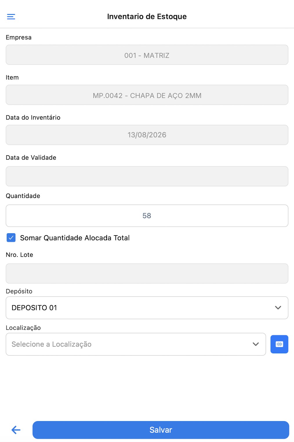 Tela de inventário de estoque no app imaisPRODUÇÃO com item, data de validade, quantidade, número do lote, depósito e localização com leitor de código