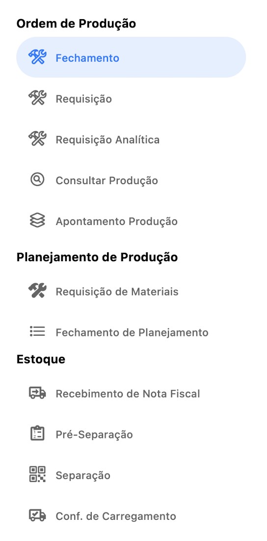 Menu do app imaisPRODUÇÃO com ordem de produção, planejamento de produção e estoque