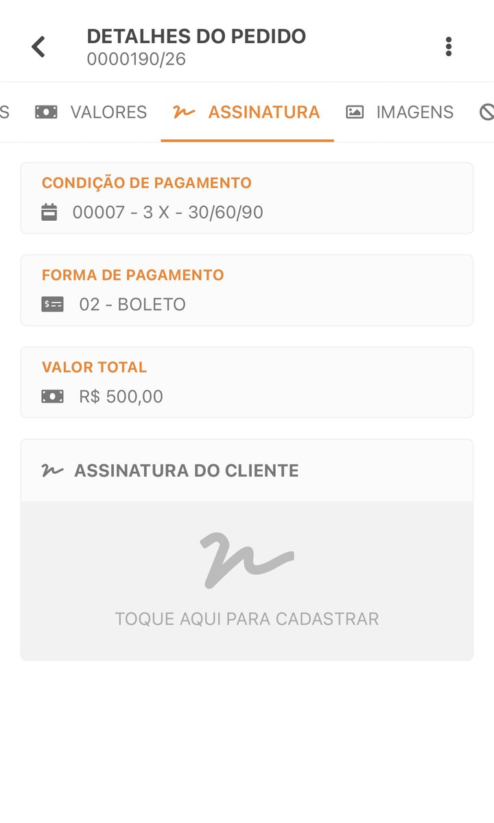Pedido com condição de pagamento e assinatura do cliente no imaisVENDAS