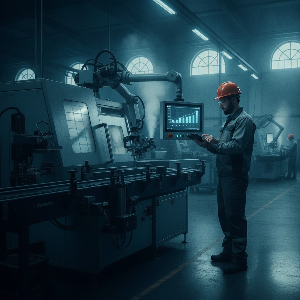 Operador de fábrica usando celular para apontamento de produção em tempo real