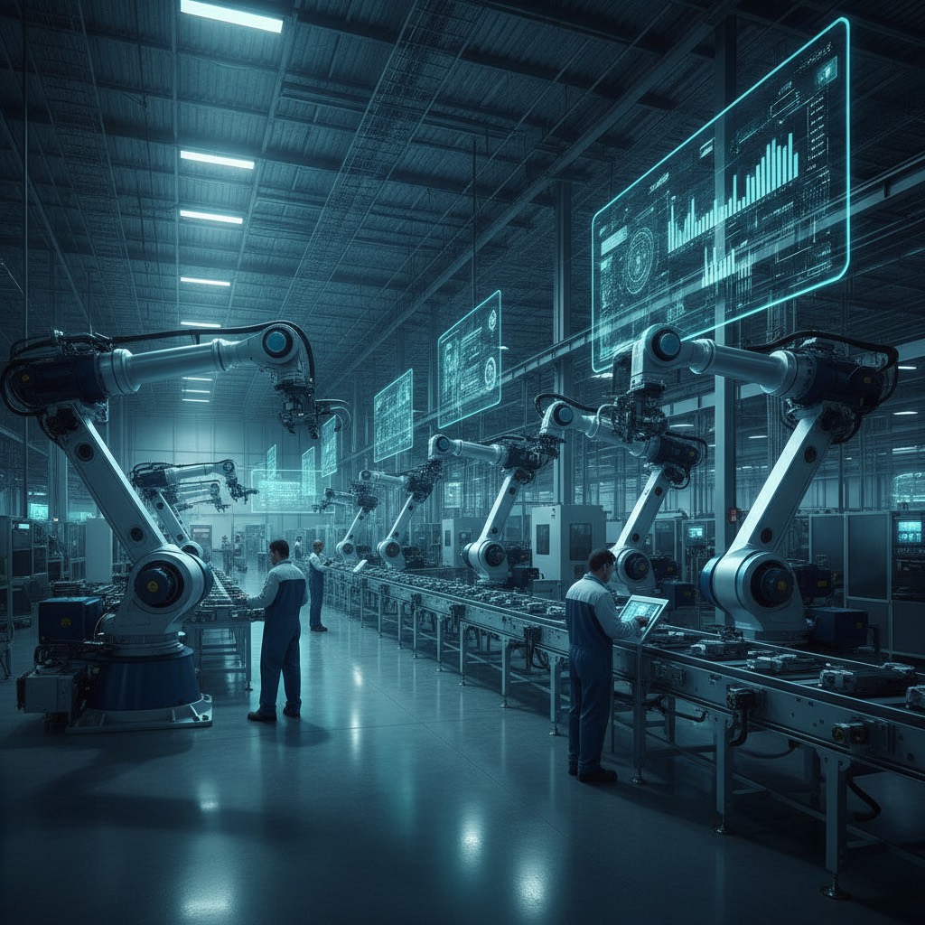 Operário industrial usando tablet em chão de fábrica brasileiro