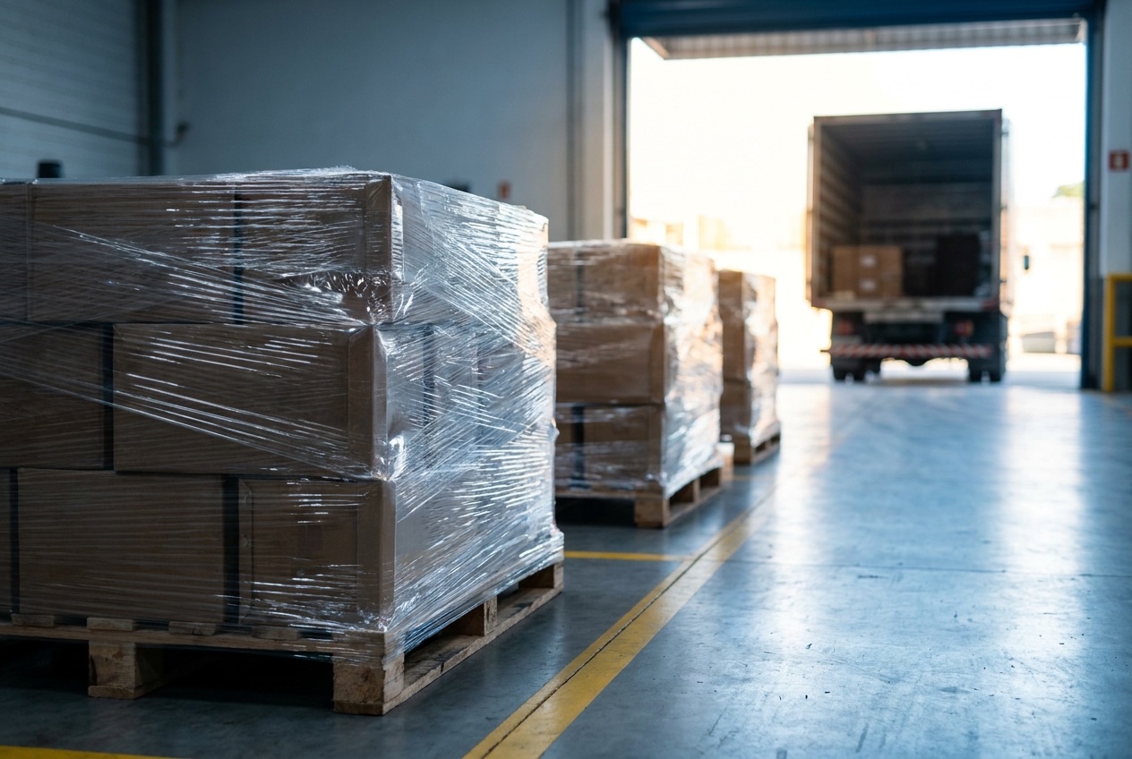 Pallets de produto acabado embalados e prontos na expedição, com o caminhão encostado na doca ao fundo