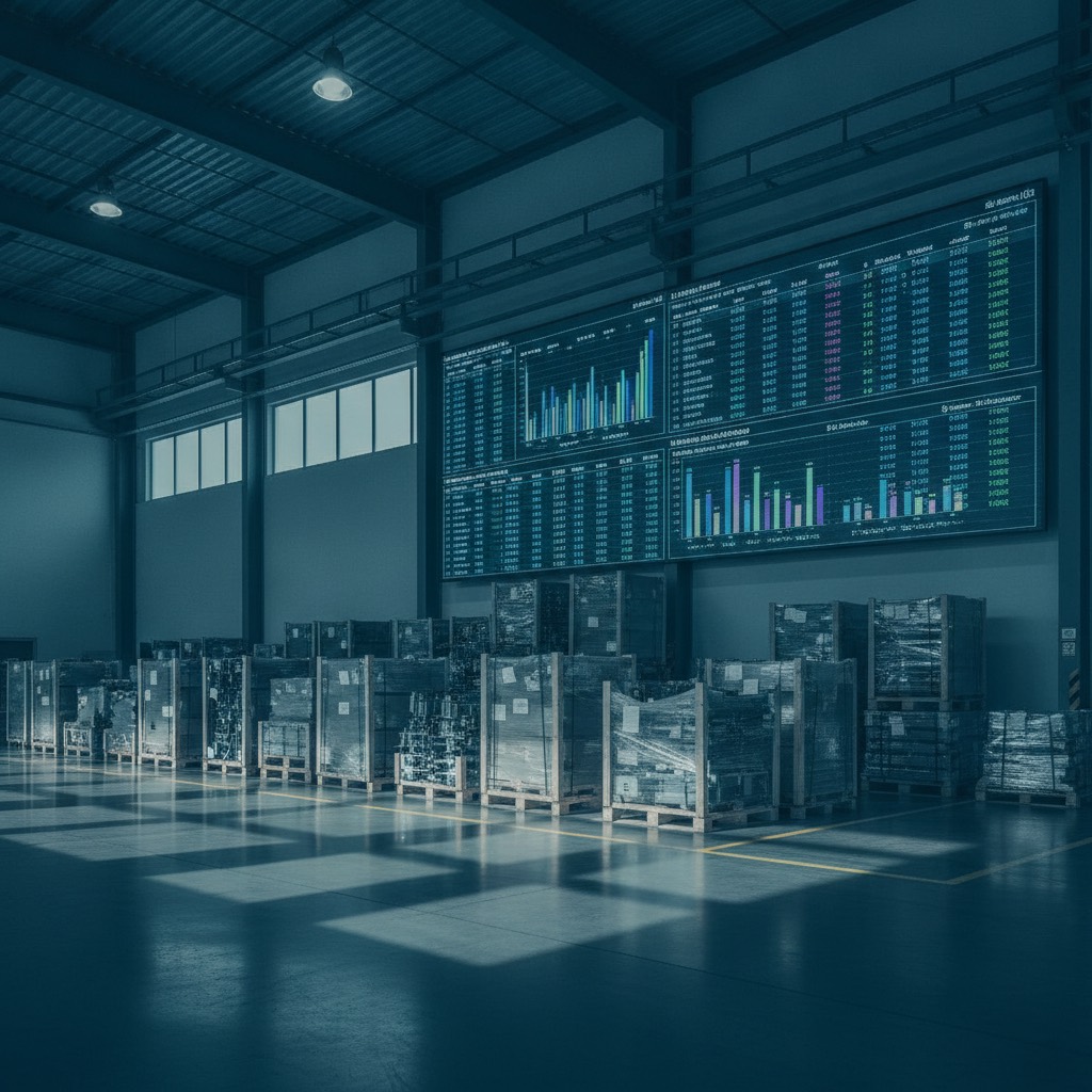 Armazém industrial com paletes organizados para expedição em remessas programadas