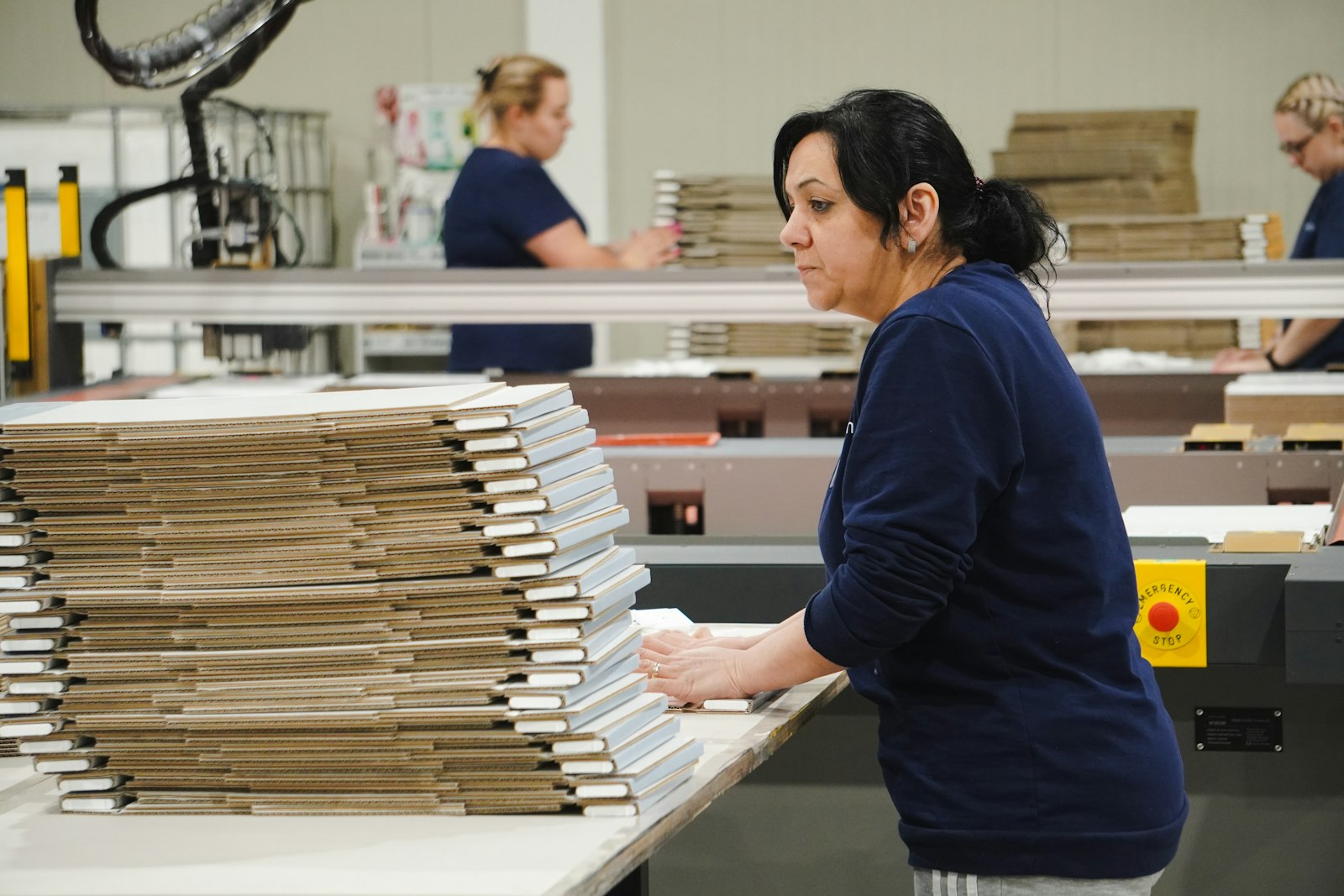 Trabalhadora montando embalagens de papelão em fábrica brasileira