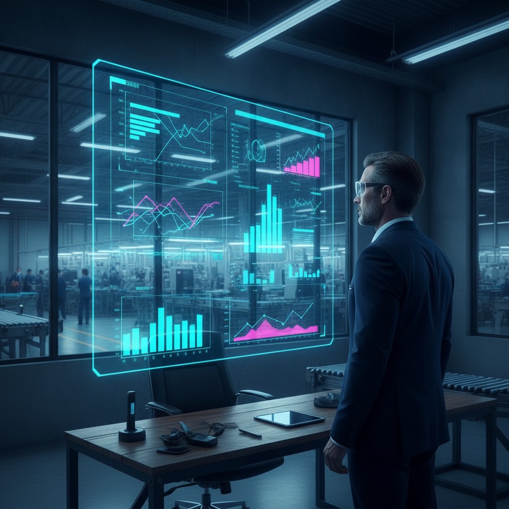 Empresário industrial analisando relatórios de desempenho no fechamento de meio de ano