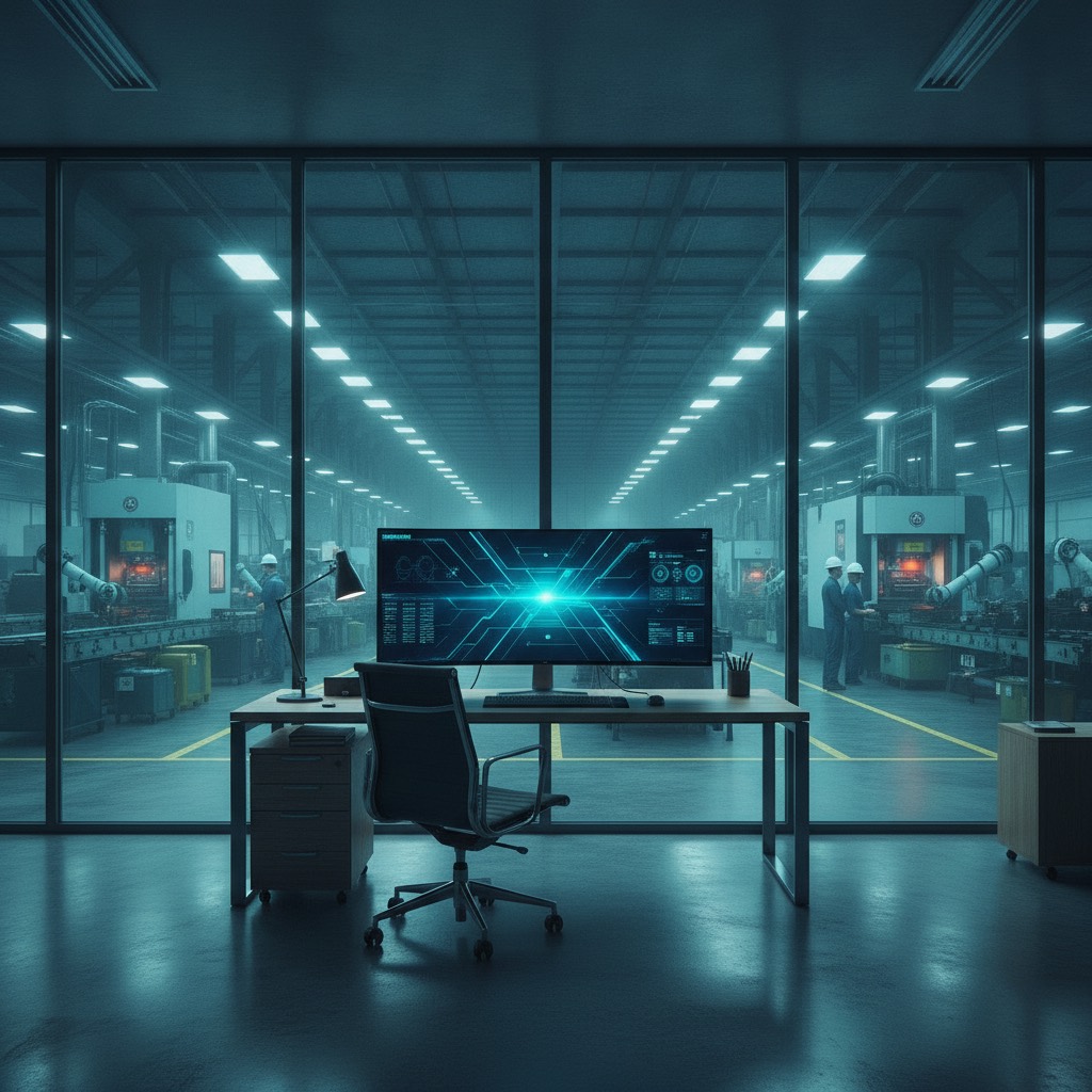 Tela de computador com dados e planilhas em ambiente industrial