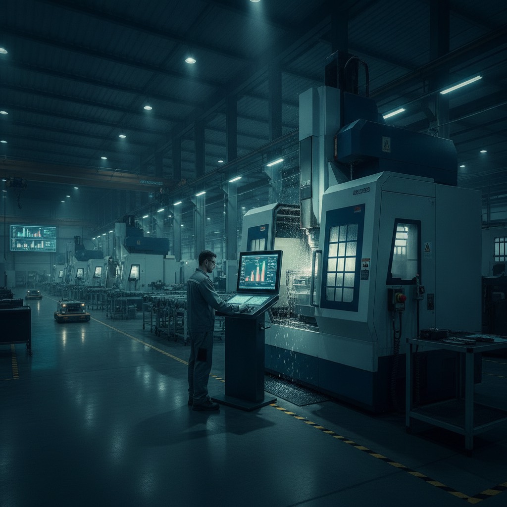 Chão de fábrica industrial com operador acompanhando a ordem de produção em terminal junto à linha
