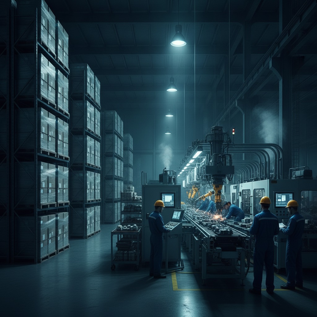 Galpão industrial com produtos estocados em prateleiras e linha de produção ao fundo