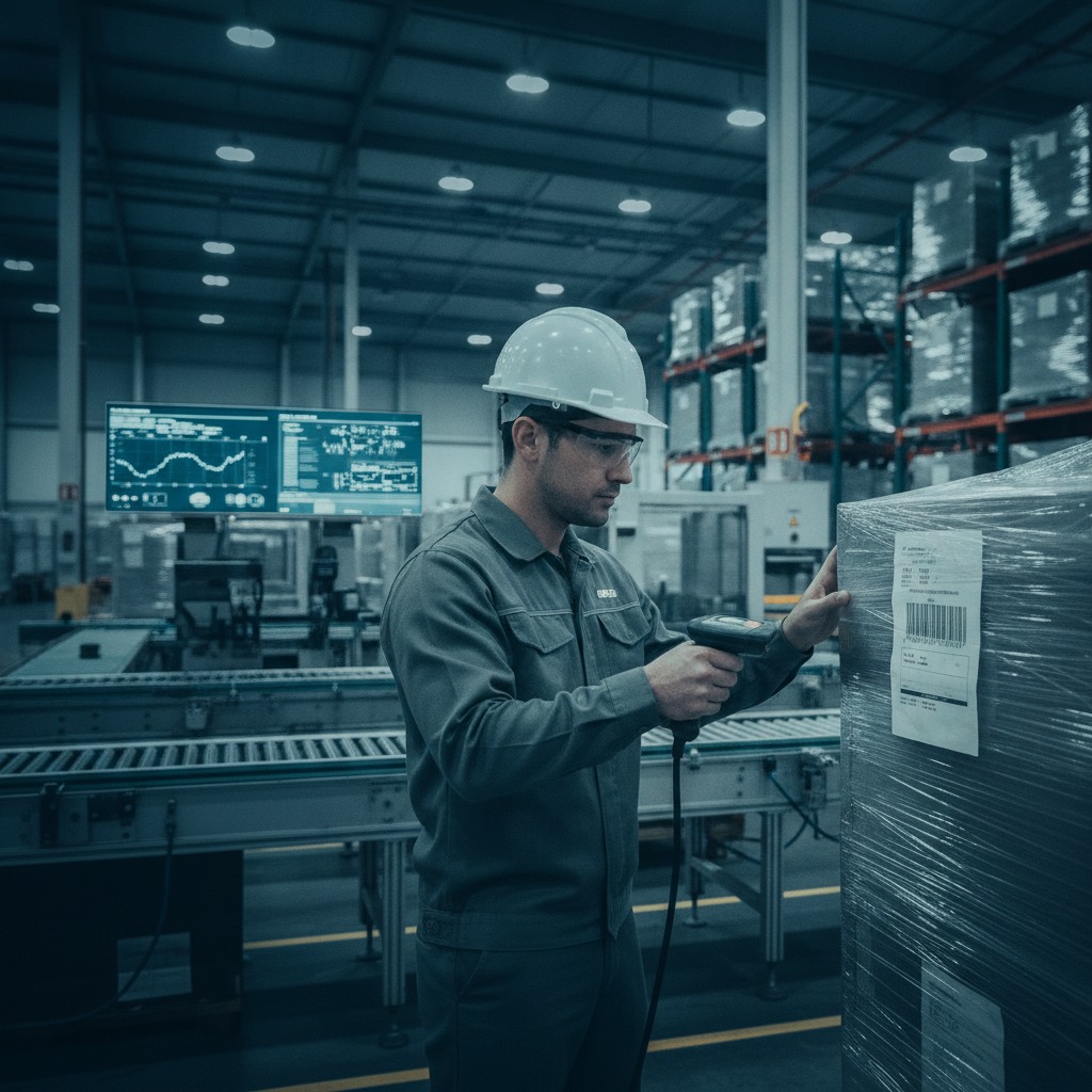 Operador industrial escaneando etiqueta de lote em linha de produção
