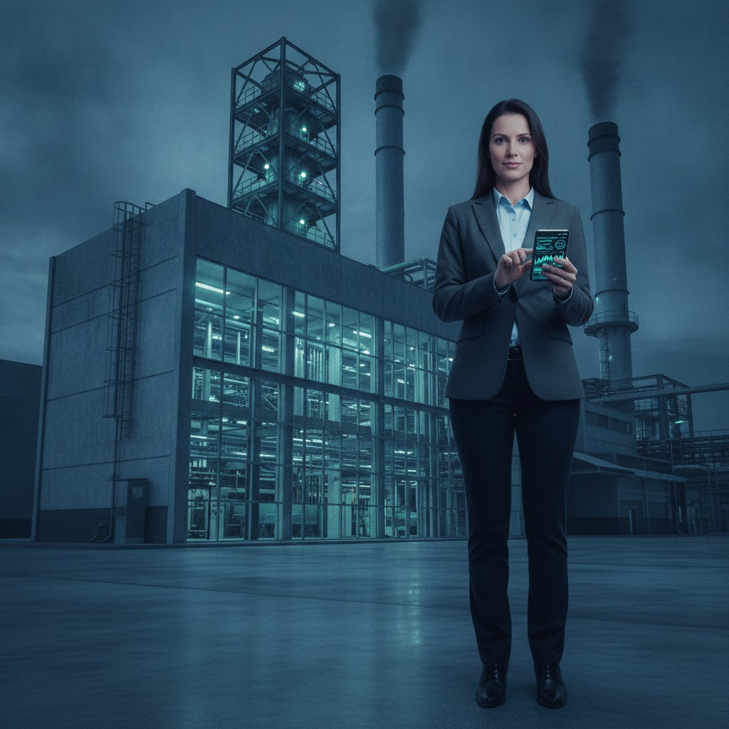 Representante comercial utilizando smartphone durante visita a cliente industrial