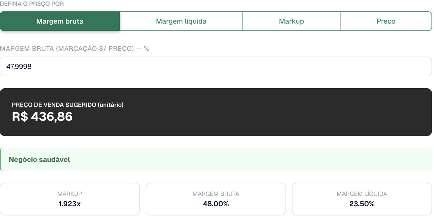 Simulador de preço e margem com o preço definido por margem bruta, preço de venda sugerido, aviso de negócio saudável, markup, margem bruta e margem líquida